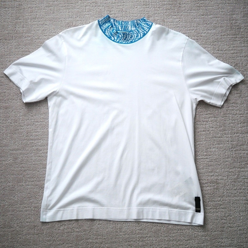 Fendi Roma Mens White FF Vertigo Monogram Collar Knit Tee Italy FY1088 Large